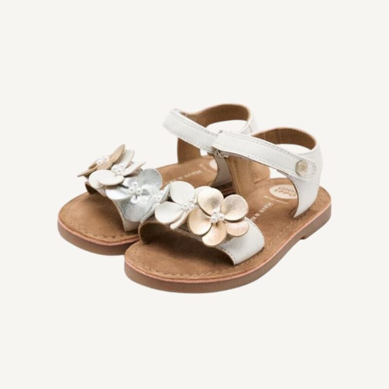 Sandalo bianco in pelle con fiori